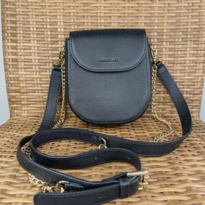 Bandolier Black Pebbled Leather Convertible Crossbody Bag Gold Tone hardware